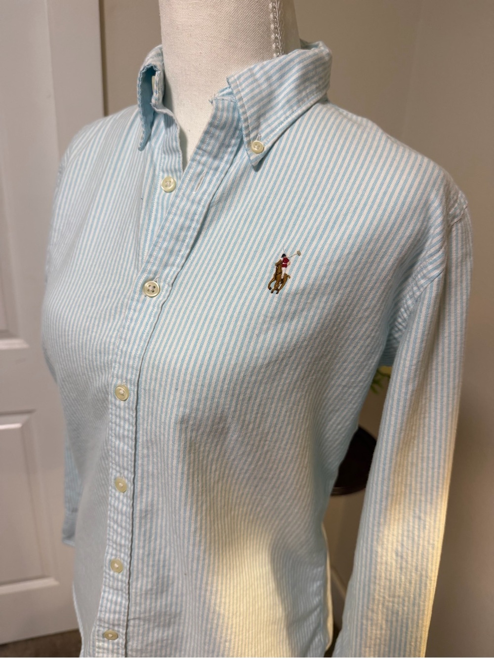 Ralph Lauren Light Blue & White Striped Polo Horse Button-Down Shirt Preppy